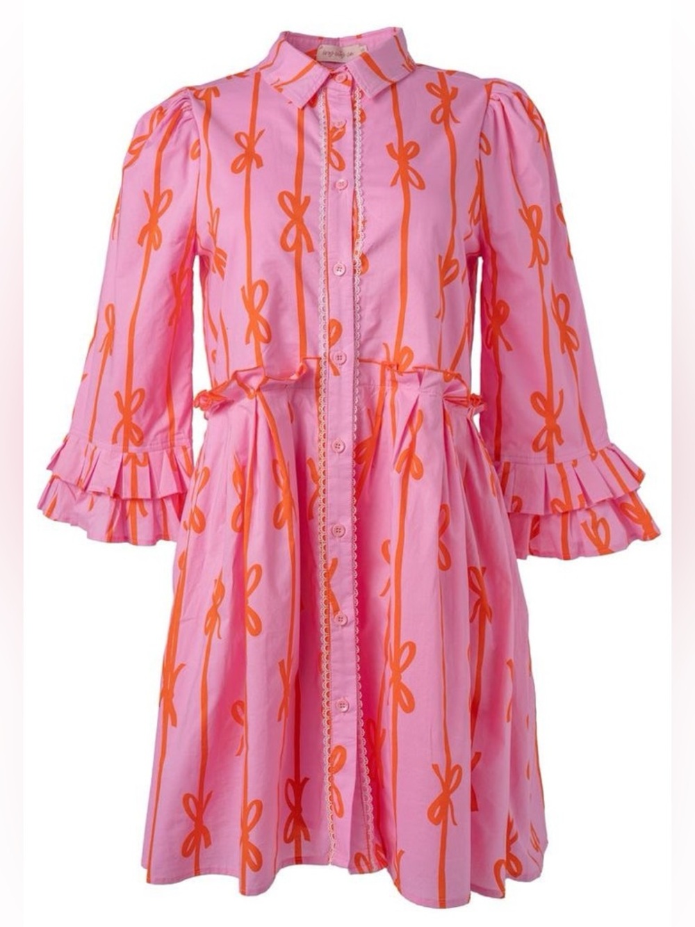 Ivy City Co Bowie Pink Orange Bow Print Cotton Tiered Mini Dress Size Small - Picture 5 of 10